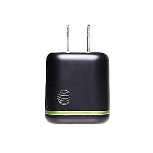 AT&T Single port 30W USB-C power adapter, black, shot from the top with the prongs folded out