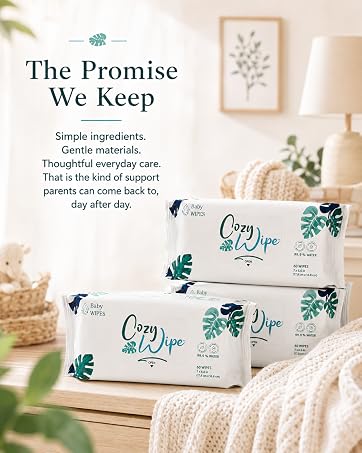 Three Cozy Wipe packs staged in a cozy nursery scene.