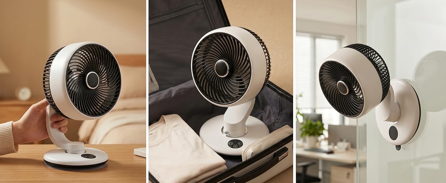 This portable wall mount fan support vacuum suction installation.