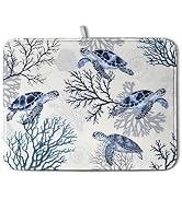 Summer Nautical Coastal Dish Drying Mat for Kitchen Counter Ocean Coral Sea Turtle Drying Rack Ma...