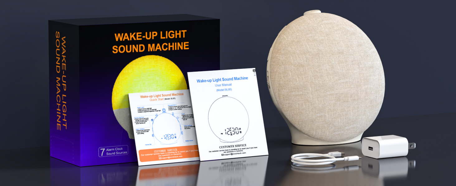 package includes: sunrise alarm clock, user manual, power adapter, and usb charging cable