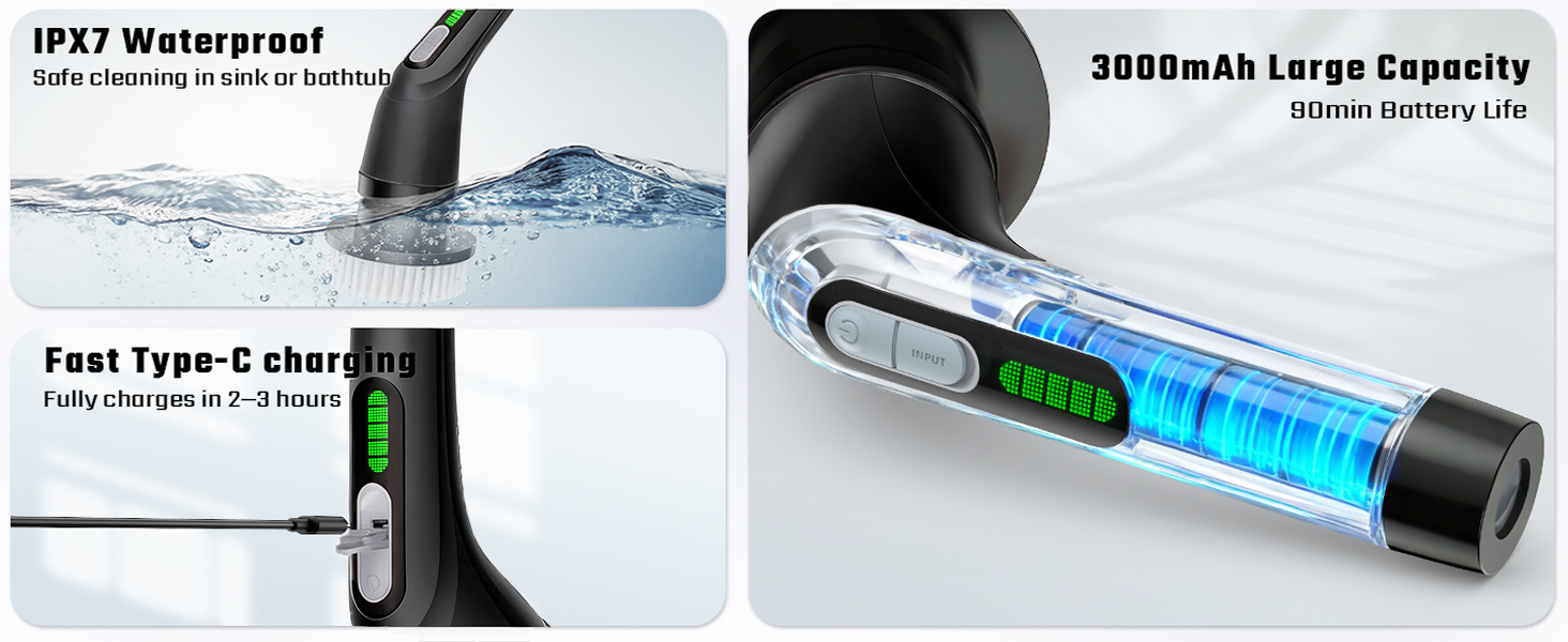 Convenient and durable - waterproof brush head, charged quickly, large capacity battery support