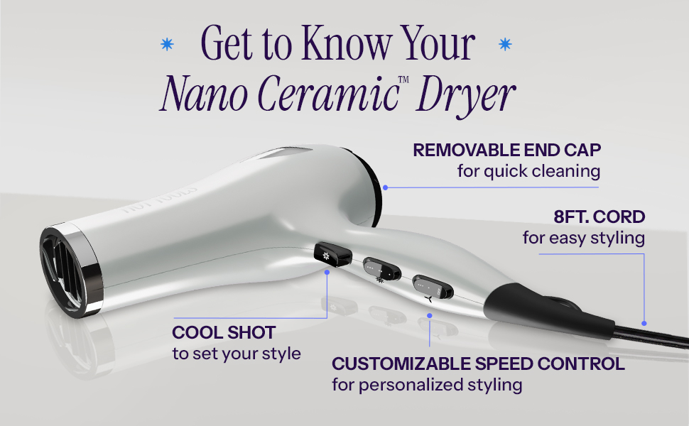 product features: cool shot, removable end cap for cleaning, 8 foot cord and 6 speed controls