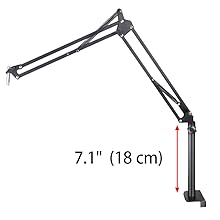 Adjustable articulating boom arm measuring 7.1 inches (18 cm) in length, featuring multiple joints and desk mounting capability.
