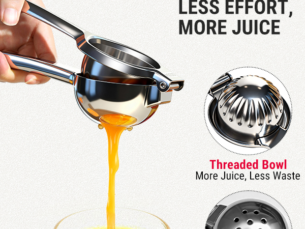citrus press with threaded bowl and 8 filter holes less effort and more juice