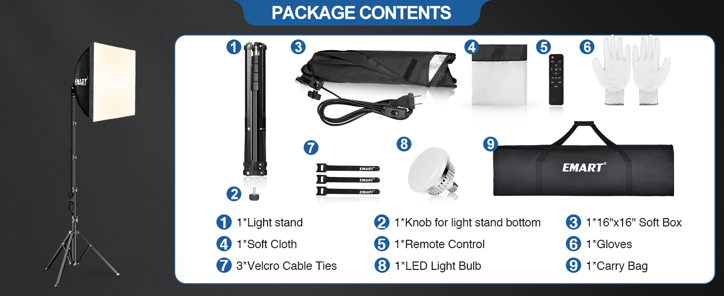 EMART Softbox Lighting Kit, 16&amp;#34;X16&amp;#34; Soft Box, 3000K-6000K 85W LED Bulbs with Remote, 65&amp;#34; Tripod