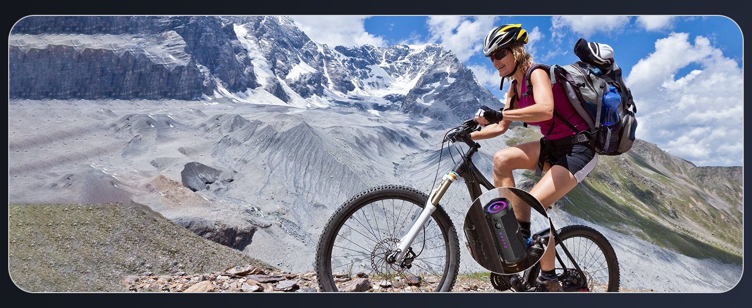 Cyclist riding mountain bike through snowy mountain terrain, multiple views showing challenging alpine environment and endurance cycling.