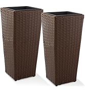 Casafield Set of 2 All-Weather Outdoor Planters with Liners, Tall Tapered Plant Boxes with Flower...