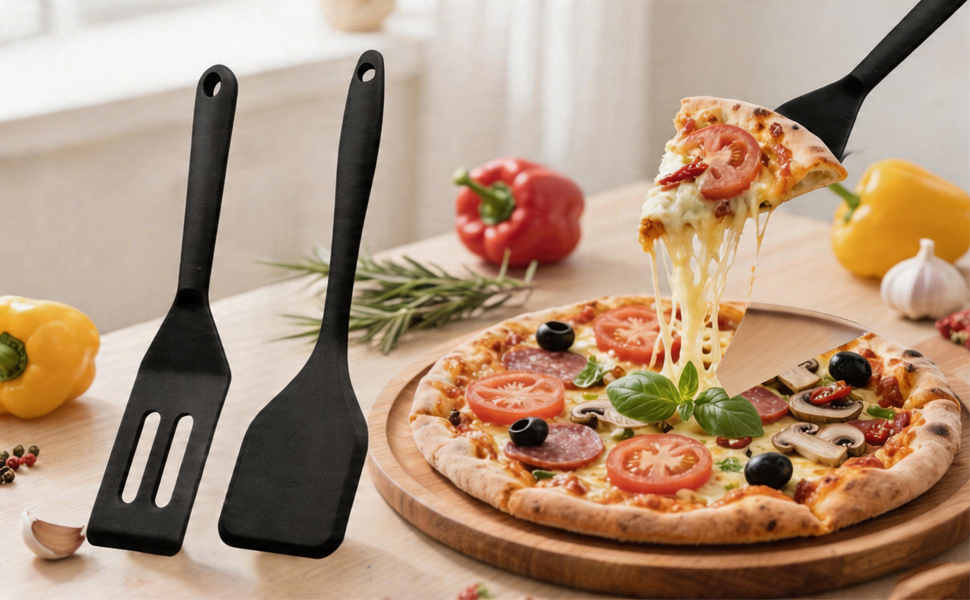 A black spatula is scooping up a slice of pizza, pulling out strings of melted cheese.