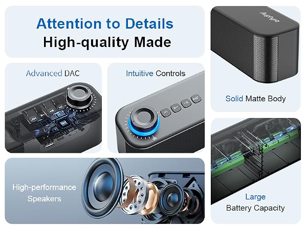 Text reads 'Attention to Details' and 'High quality made'. Product showcase featuring speakers or audio equipment components with technical specifications.