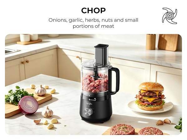 Sangcon mini food processor chopping meat beside onions, garlic, herbs, a burger and patties.
