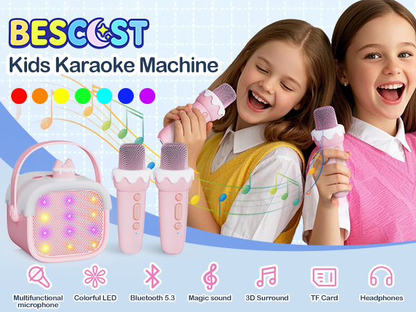 Text reads 'BESCSST Kids Karaoke Machine'. Product advertisement showing children using a pink karaoke machine with various function icons displayed below.
