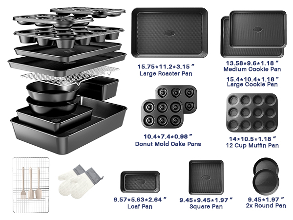 Black Ceramic Coated Bakeware Set - Features Donut Maker, Heart Pan, Oven Mitts