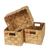Bobovie Water Hyacinth Large Wicker Baskets, Set of 3, Handwoven Storage Organizer, Durable Recta...