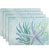 Nautical Coastal Placemats Set of 4 Ocean Coral Starfish Seagrass Beach Theme Table Mat 12x18 Inc...