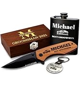 Grand Way Personalized Gift Set - Groomsman Folding Knife, Engraved Hip Flask, Custom Tag, Wooden...