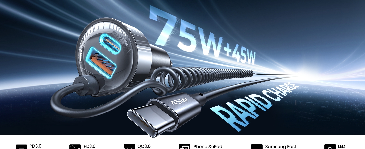 90W Fast Charging USB C Car Charger for iPhone 17