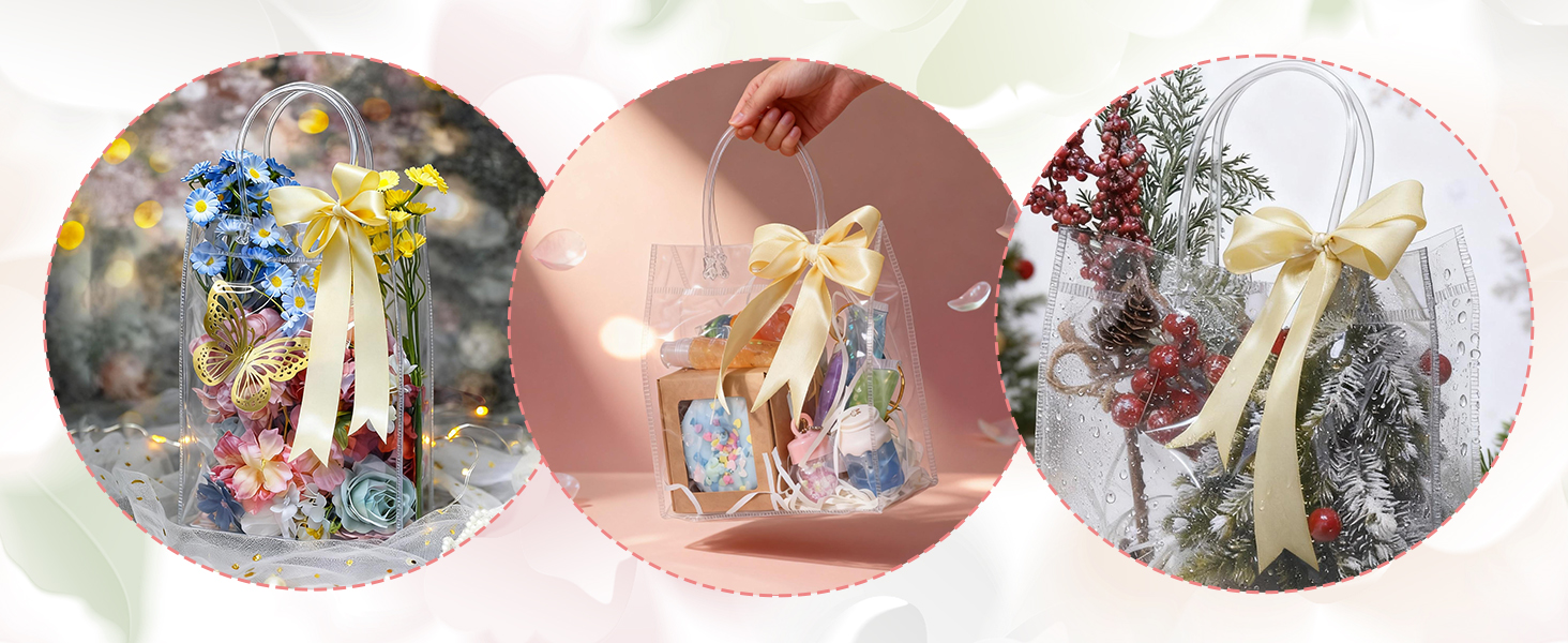 Three circular arrangement displays featuring floral and botanical designs. Left circle shows white flowers with yellow center, middle shows pink-toned floral arrangement, right shows dried flowers and botanicals against white background.