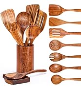 Mooues 9 Piece Natural Teak Wooden Kitchen Utensil Set with Spoon Rest - Comfort Grip Cooking Spo...