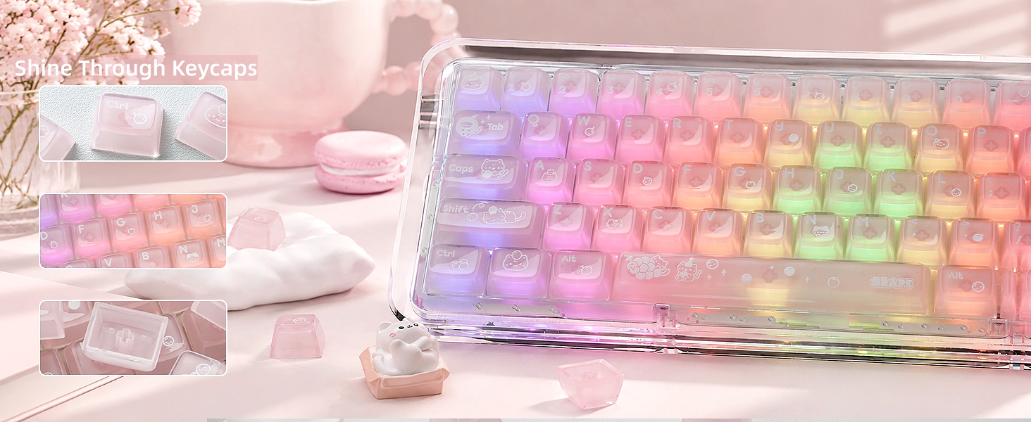 Clear Jelly Keycaps, Pink Cat Shine Through Keycaps Thick PC+ABS Crystal Translucent Keycaps