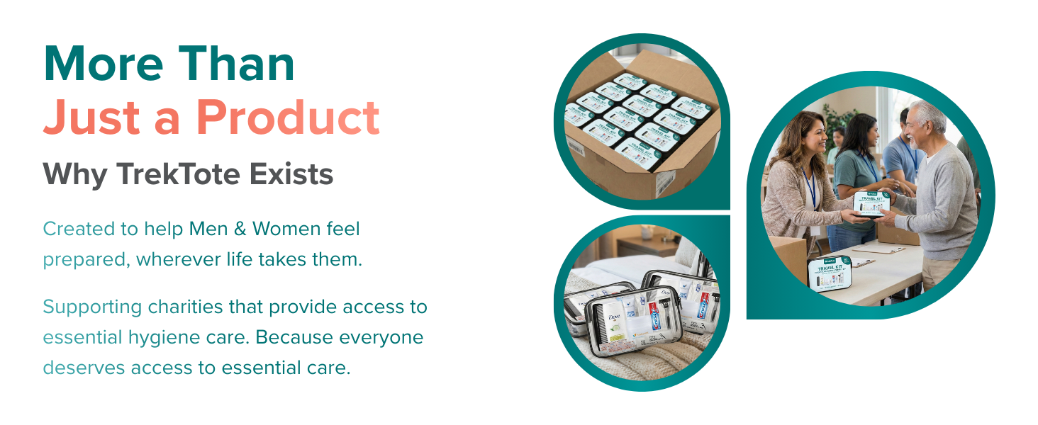 Women handling boxed hygiene kits in indoor and group settings.