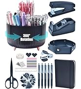 Black Desk Accessories, Office Supplies 360°Pen Holder Desk Organizers, With Tape Dispenser, Stap...