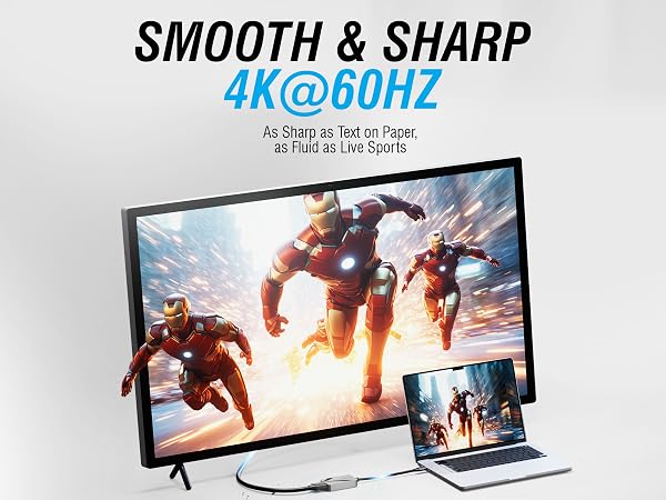 Text reads: 'SMOOTH &amp; SHARP 4K@60HZ'. Gaming-focused advertisement showing action characters on TV screen with laptop connected, demonstrating display capabilities.