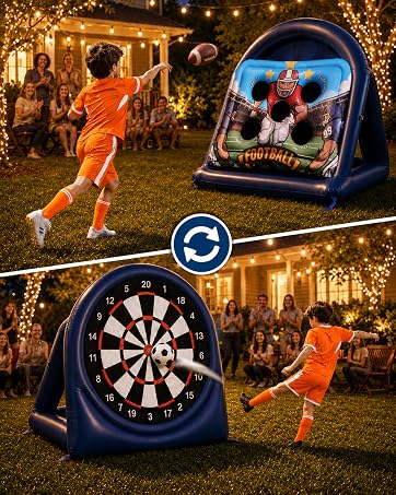Kids playing with a 6FT two-sided inflatable football toss and soccer dart game outdoors