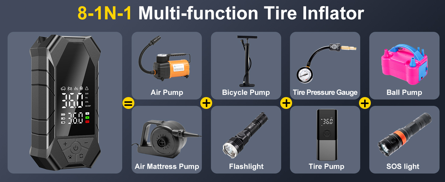 8 in 1 Tire Inflator Portable Air Compressor