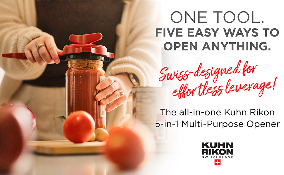 One Tool, five easy ways to open anything. Kuhn Rikon 5-in-1 multi-purpose opener.