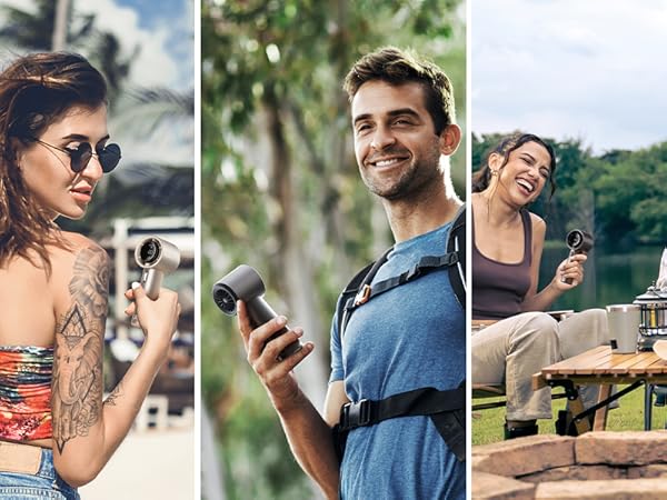 Three-panel image: woman with camera, man with smartphone, group at outdoor table. Casual outdoor scenes with people using technology and socializing.