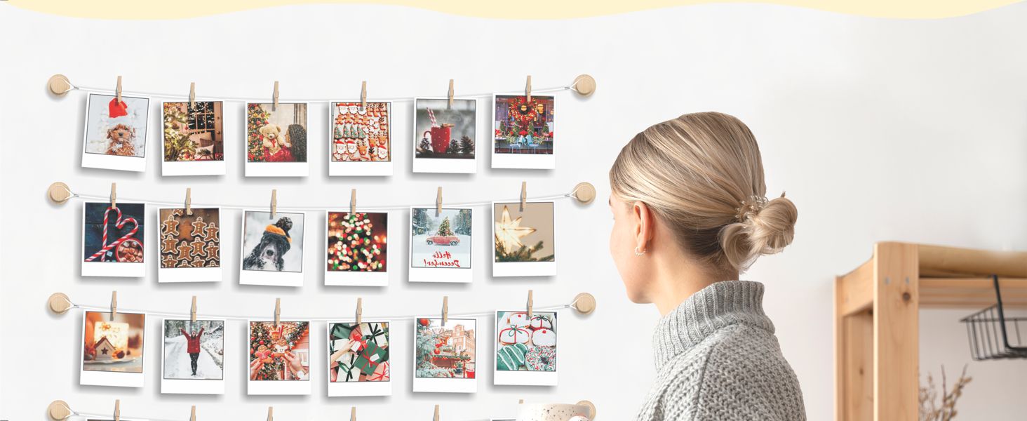 Hanging Photo Display Room Wall Decor - 5 Strings with 30 Clips - Sculptural Picture Frames Collage