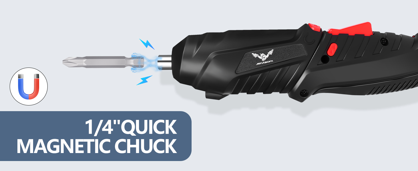 Electric screwdriver with 1/4-inch quick magnetic chuck. Black handle with red button. Illustration shows magnetic bit attachment with lightning bolt symbols.