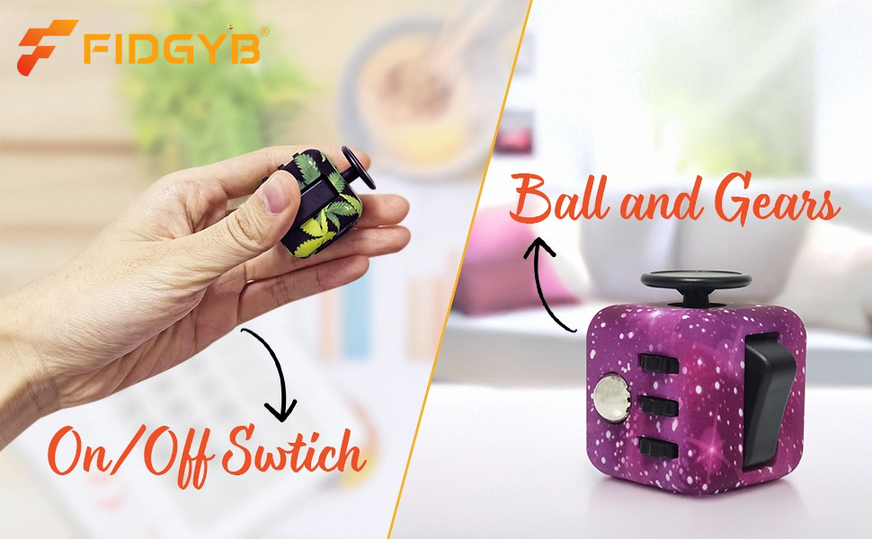 Cube Fidget Toy Features ball and gears on/off switch