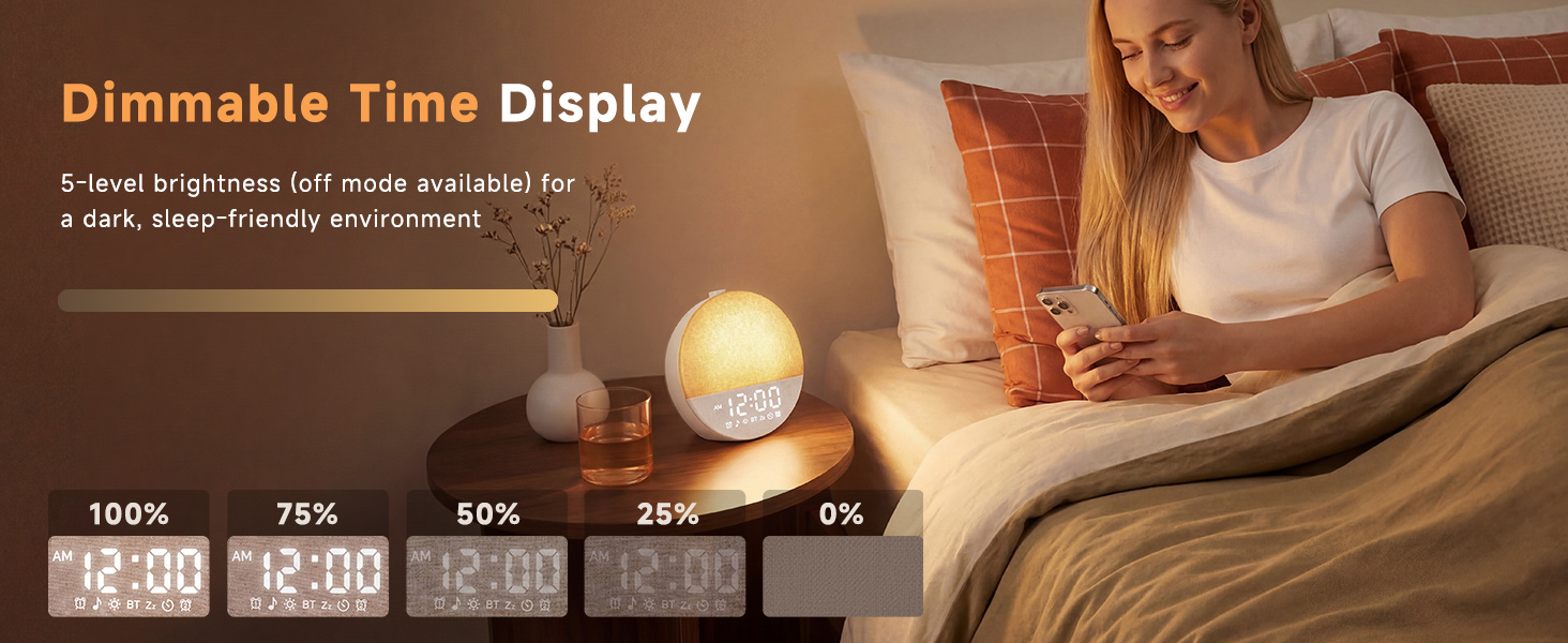 Dimmable Time Display,5-level brightness (off mode available) fora dark, sleep-friendly environment