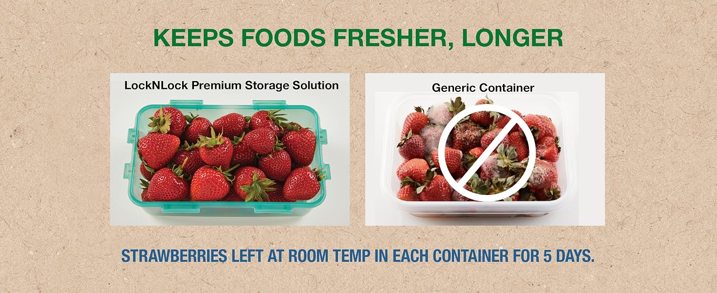 two containers with strawberries showing how locknlock keeps food fresher longer