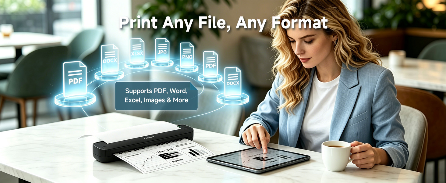 Woman uses the portable document printer to print PDF, Word, Excel, and image files from a tablet