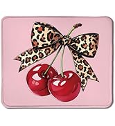 Foritho Girly Leopard Bow Cherry Mouse Pad, Trendy Funky Preppy Pink Cherry Bow Aesthetic Mouse P...