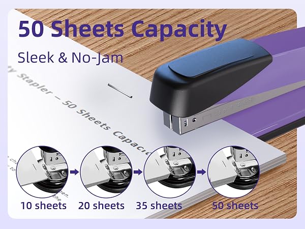 This heavy-duty stapler can staple 50 sheets. This stapler offers a high-quality, no-jam stapling.