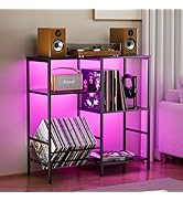 Record Player Stand with LED Light, Turntable Stand with Vinyl Storage - Up to 300+ Albums, 3-Tie...
