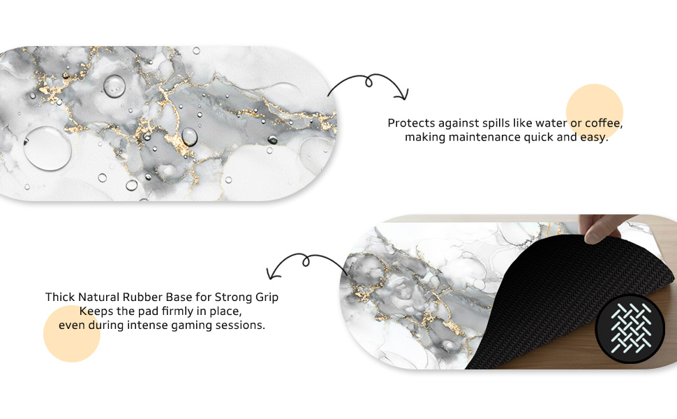 White marble extended mouse pad with grey ink patterns and luxurious gold veins.