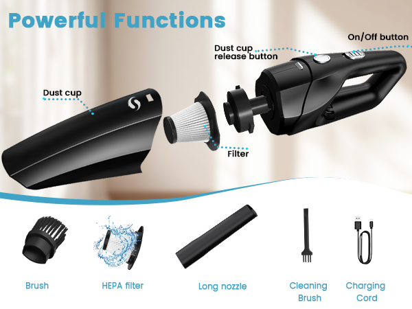 Product diagram showing handheld vacuum components including dust cup, filter, brush attachments, and charging cord with labeled functions.