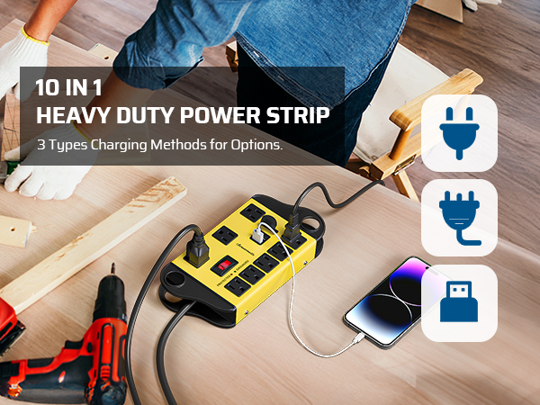 Metal Power Strip Surge Protector with 2 USB Ports