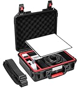 Open hard-shell carrying case with foam interior, containing a rectangular light panel, cables, and accessories. Case features red accents and a detachable shoulder strap.