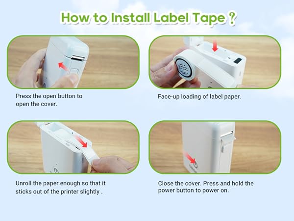 Text reads 'How to Install Label Tape?' Instructional diagram showing steps for installing label tape, with multiple panels demonstrating the process.