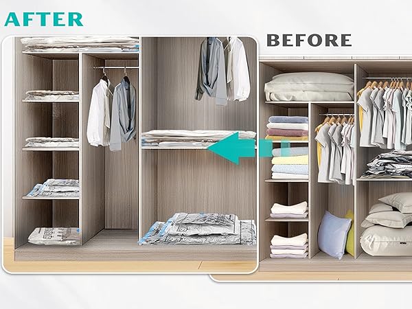 Text reads "AFTER" and "BEFORE". Before and after comparison of closet organization, showing transformation from cluttered to neat, organized clothing storage.