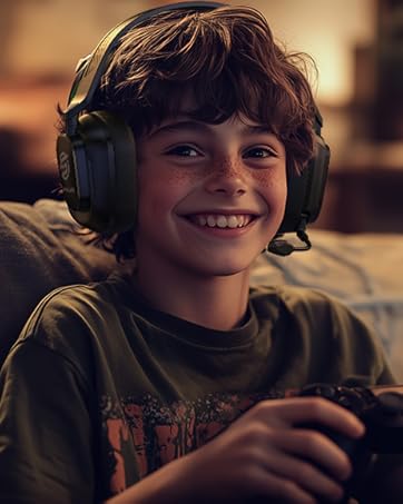 Over-ear headphones with a dark green color and adjustable headband worn by a person. The headphones appear to be designed for comfort during extended use.