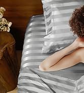 BEDELITE Satin Sheets Queen Size, Luxury Jacquard Striped Dark Grey Bedsheets with Elastic Corner...