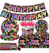 142pcs Neon Party Supplies-Glow Party Plates and Napkins Tableware, Disposable Neon Glow Birthday...