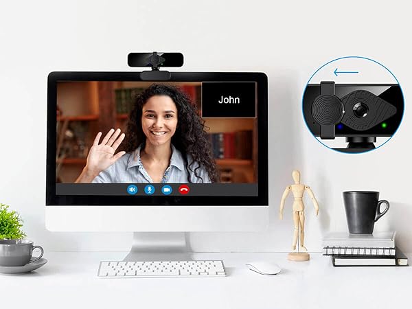 Smiling woman greeting through 2K pc camera webcam with a privacy cover. usb c webcam for computer.